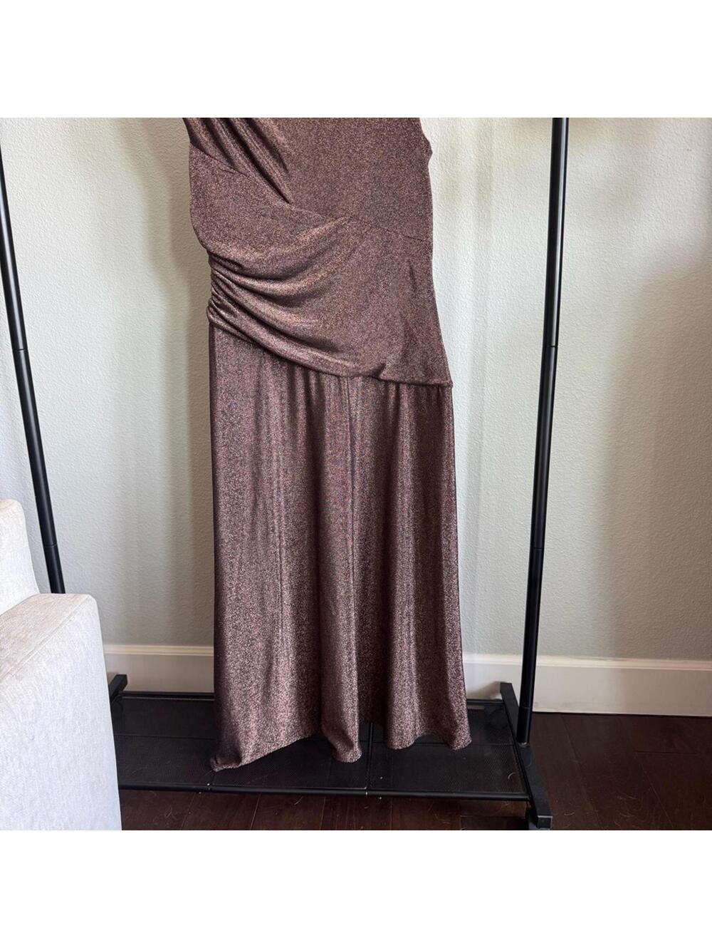 Maggy London Brown Metallic Midi Dress Size 14 Cap Sleeve Ruched Wedding Guest - Picture 6 of 10